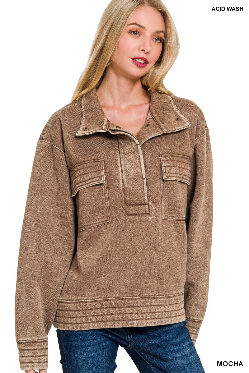 Mocha Acid Wash Half Snap Button Front Fleece Sweatshirt Mocha Acid Wash Half Snap Button Front Fleece Sweatshirt Zenana