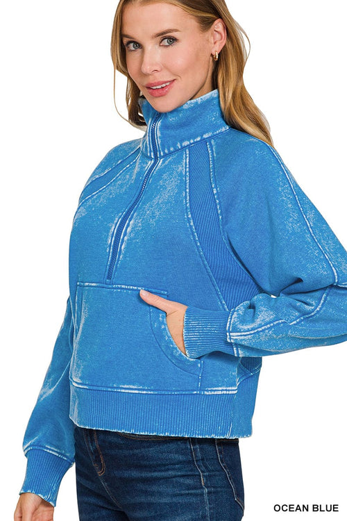 Ocean Blue Acid Washed Half Zip Fleece Pullover Ocean Blue Acid Washed Half Zip Fleece Pullover Zenana