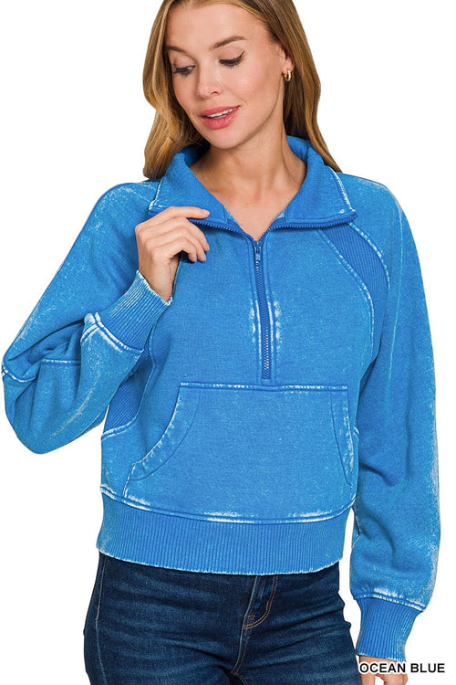 Ocean Blue Acid Washed Half Zip Fleece Pullover Ocean Blue Acid Washed Half Zip Fleece Pullover Zenana