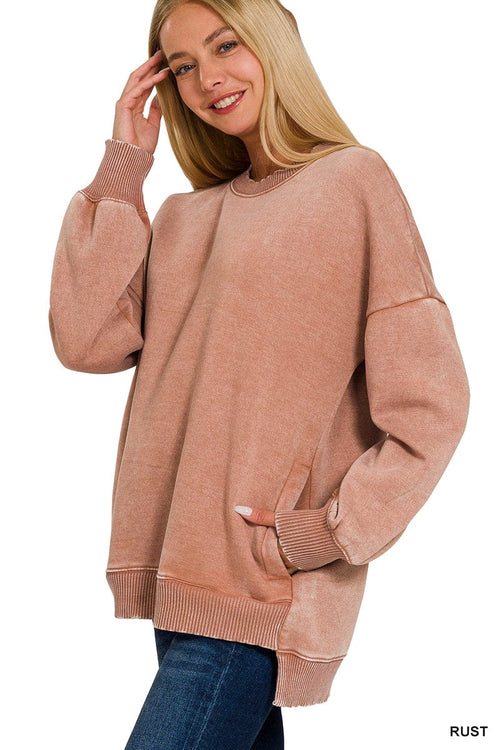 Rust Acid Wash Fleece High-Low Sweatshirt Rust Acid Wash Fleece High-Low Sweatshirt Zenana