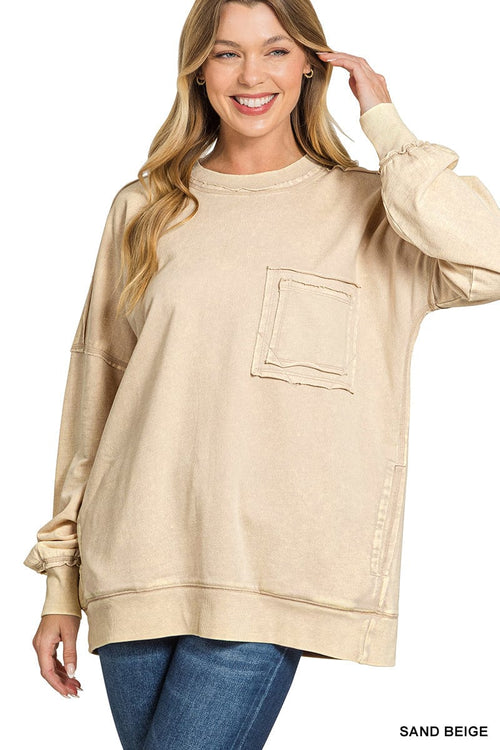 Sand Beige Acid Wash Raw Edge French Terry Pullover Sand Beige Acid Wash Raw Edge French Terry Pullover Zenana