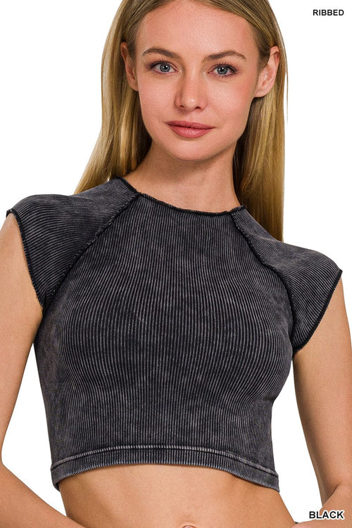 Stone Washed Ribbed Round Neck Crop Top Stone Washed Ribbed Round Neck Crop Top Zenana Black / S/M