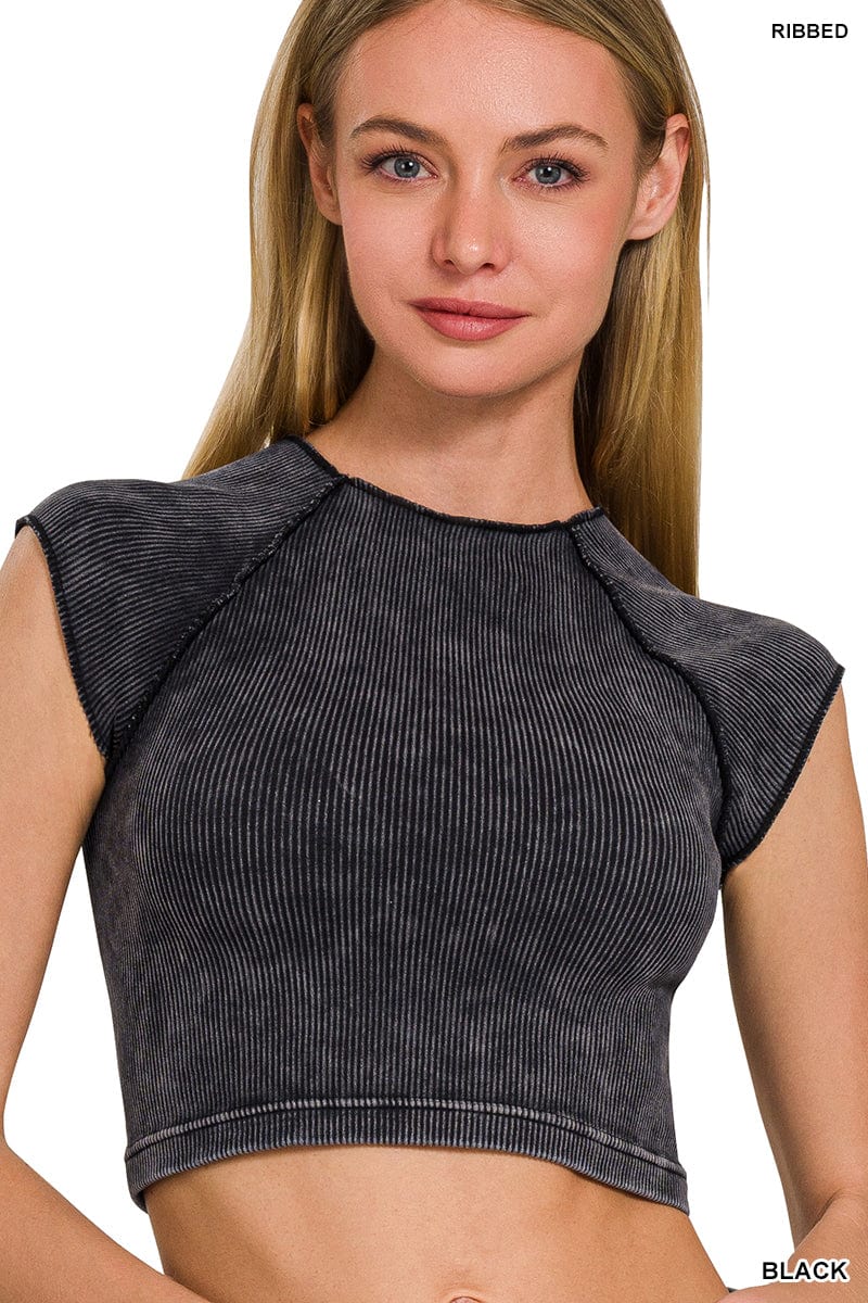 Stone Washed Ribbed Round Neck Crop Top Stone Washed Ribbed Round Neck Crop Top Zenana Black / S/M
