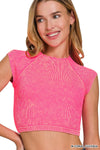 Stone Washed Ribbed Round Neck Crop Top Stone Washed Ribbed Round Neck Crop Top Zenana Neon Coral Fuchsia / S/M