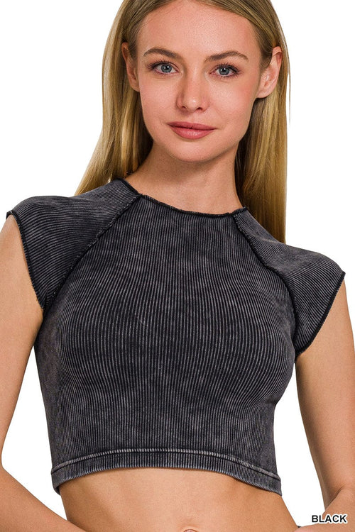 STONE WASHED RIBBED SEAMLESS ROUND NECK CROP TOP Zenana