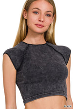 STONE WASHED RIBBED SEAMLESS ROUND NECK CROP TOP Zenana