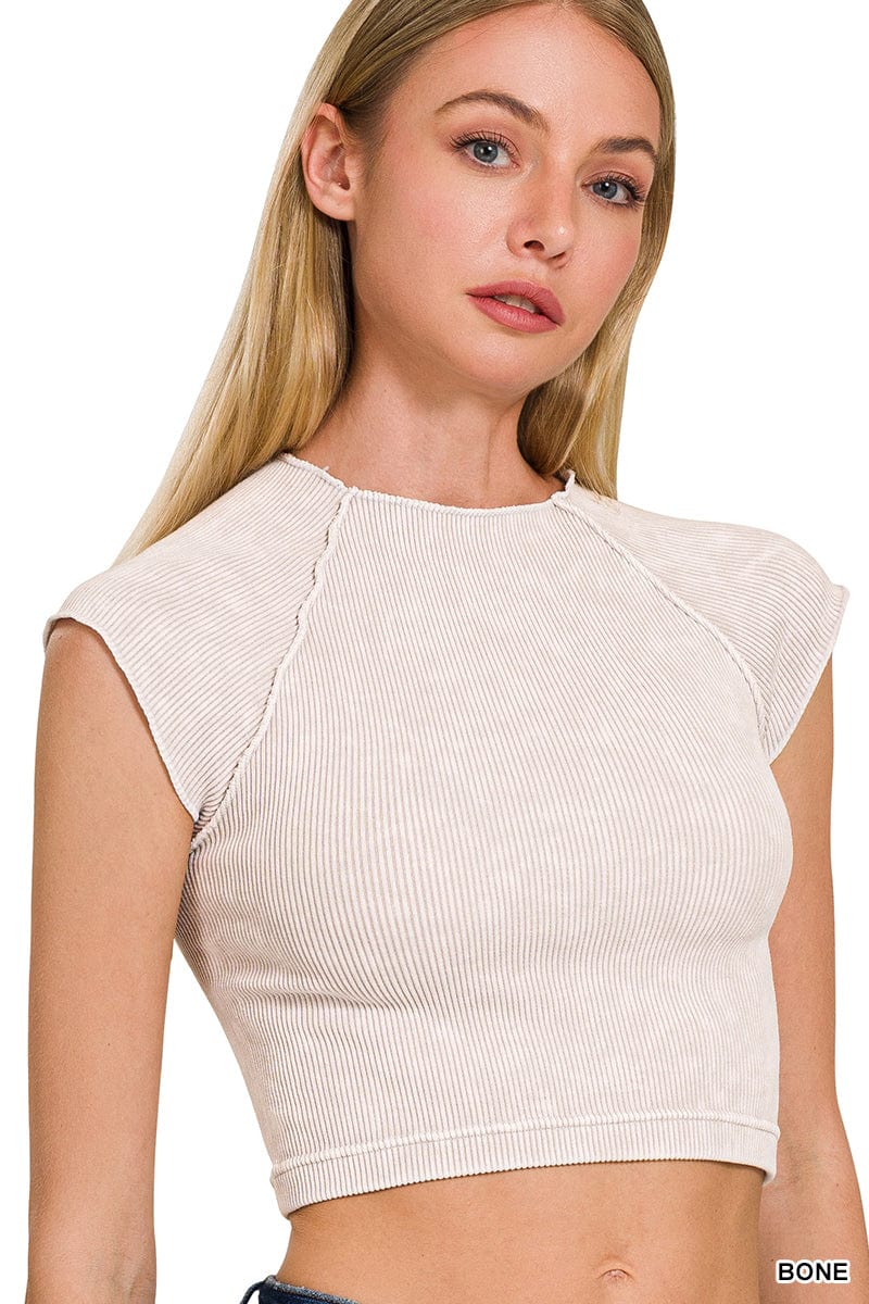 STONE WASHED RIBBED SEAMLESS ROUND NECK CROP TOP Zenana