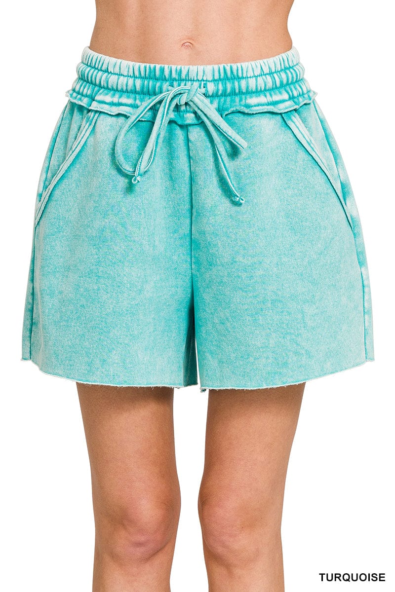 Turquoise Acid Wash Fleece Drawstring Shorts Turquoise Acid Wash Fleece Drawstring Shorts Zenana Shorts