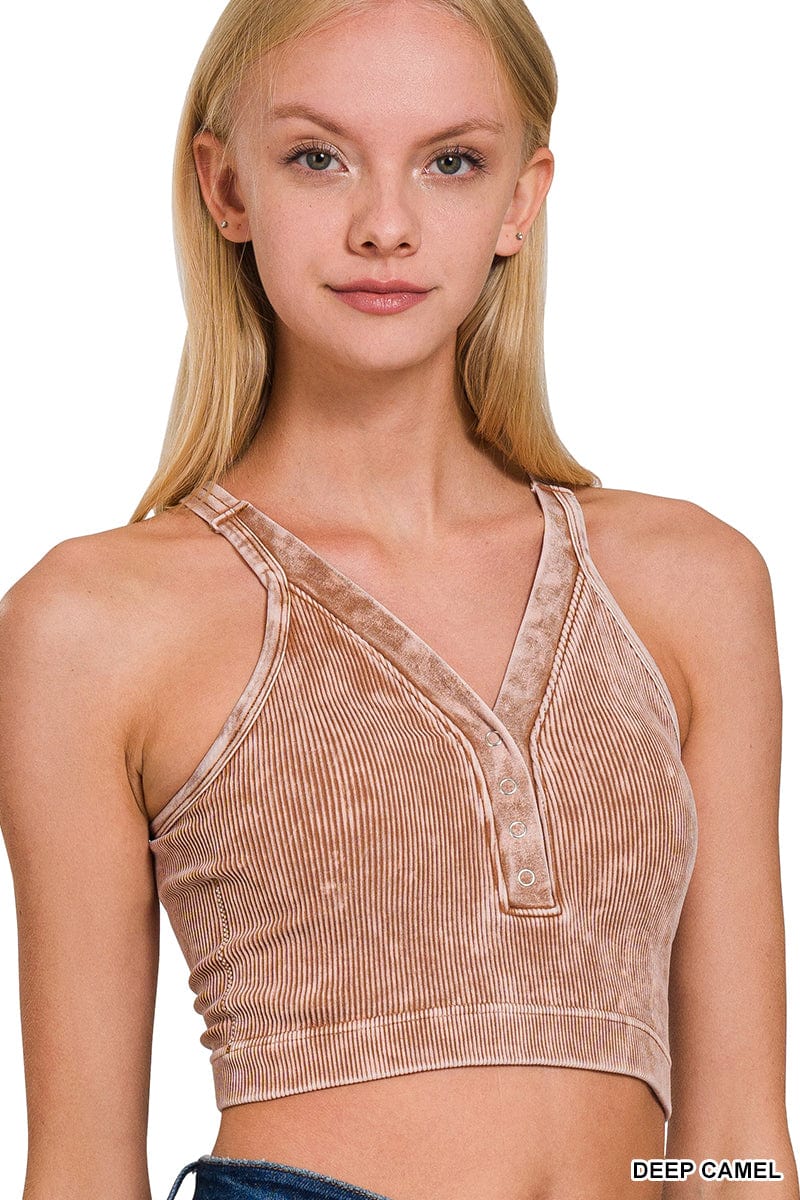 WASHED RIBBED CROPPED BUTTON V-NECK TANK TOP Zenana