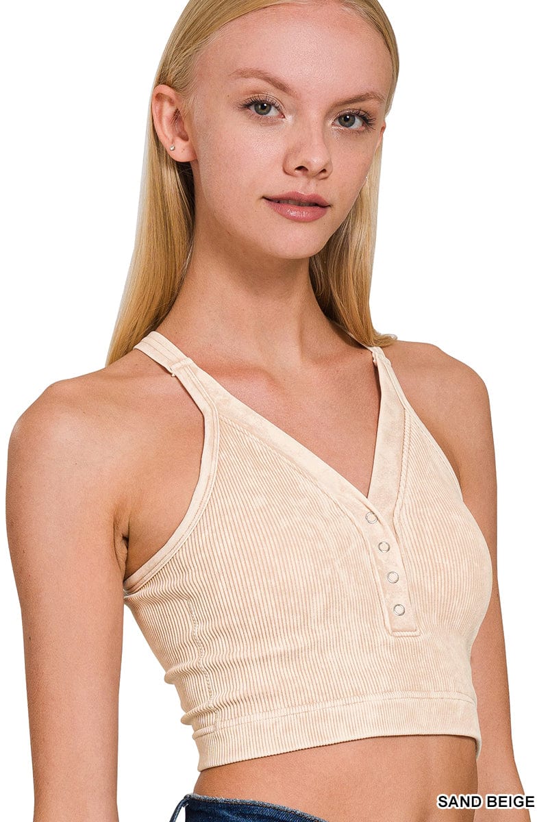 WASHED RIBBED CROPPED BUTTON V-NECK TANK TOP Zenana