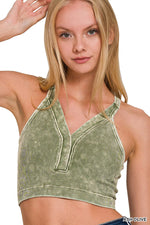 WASHED RIBBED CROPPED BUTTON V-NECK TANK TOP Zenana