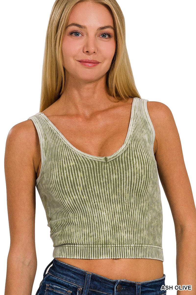Washed Ribbed Seamless V-neck Tank Top Washed Ribbed Seamless V-neck Tank Top Zenana Ash Olive / S/M