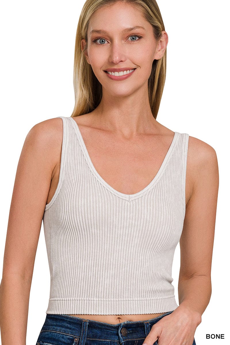 Washed Ribbed Seamless V-neck Tank Top Washed Ribbed Seamless V-neck Tank Top Zenana Bone / S/M