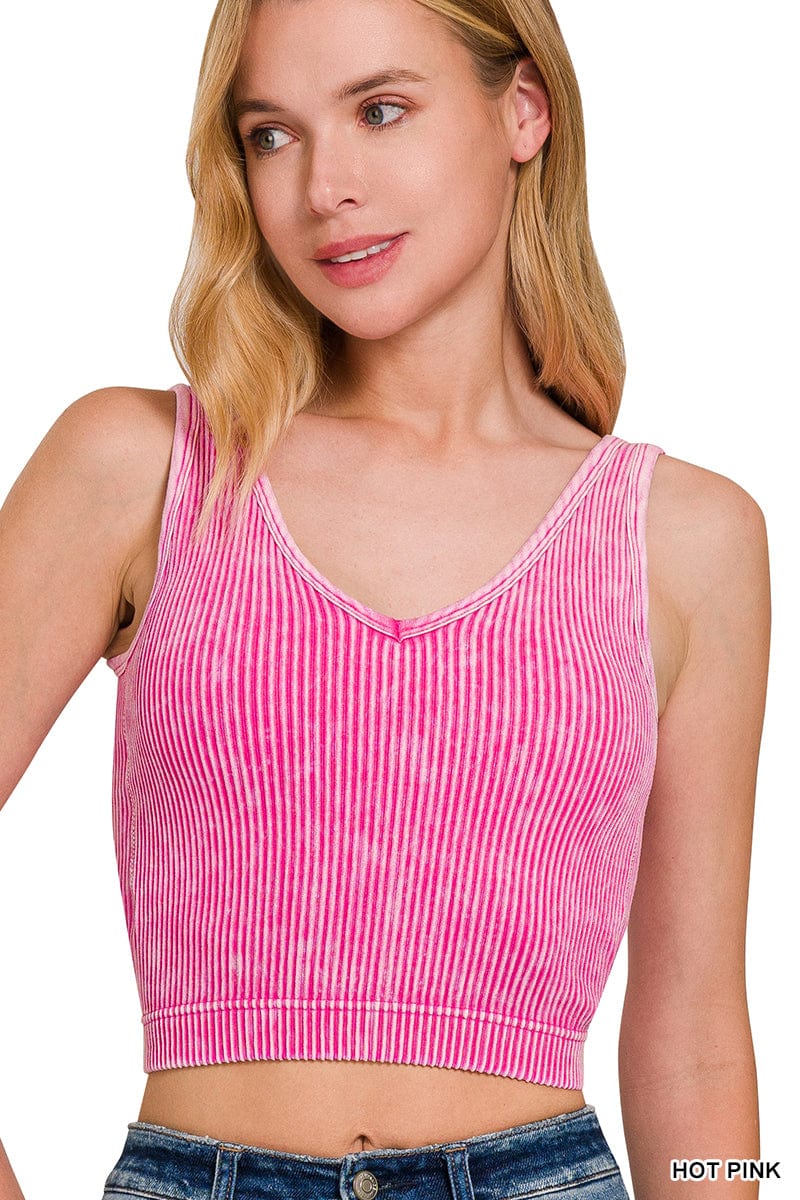 Washed Ribbed Seamless V-neck Tank Top Washed Ribbed Seamless V-neck Tank Top Zenana Hot Pink / S/M