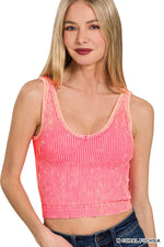 Washed Ribbed Seamless V-neck Tank Top Washed Ribbed Seamless V-neck Tank Top Zenana Neon Coral Fuchsia / S/M