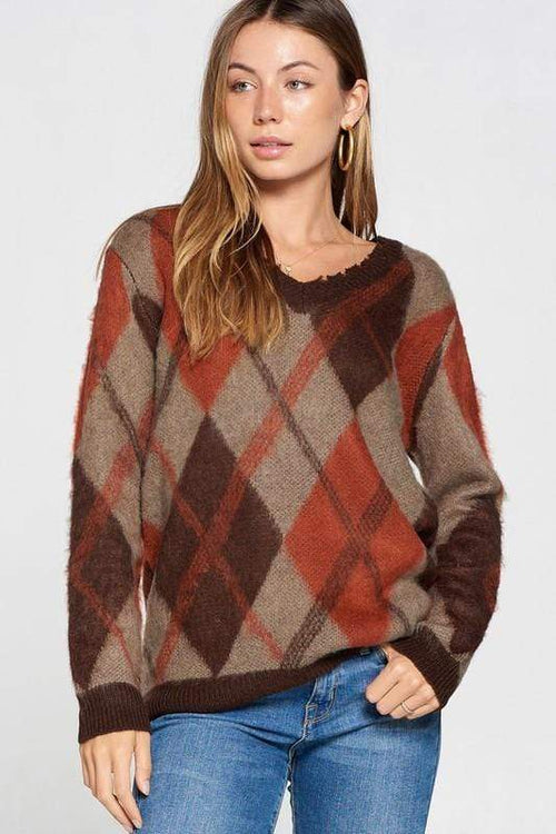 Brown Argyle Print V-Neck Sweater Davi & Dani