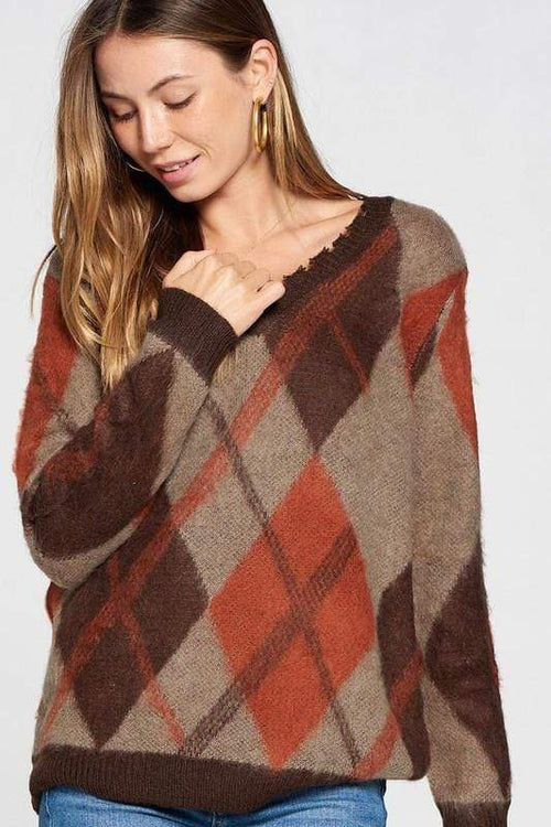 Brown Argyle Print V-Neck Sweater Davi & Dani