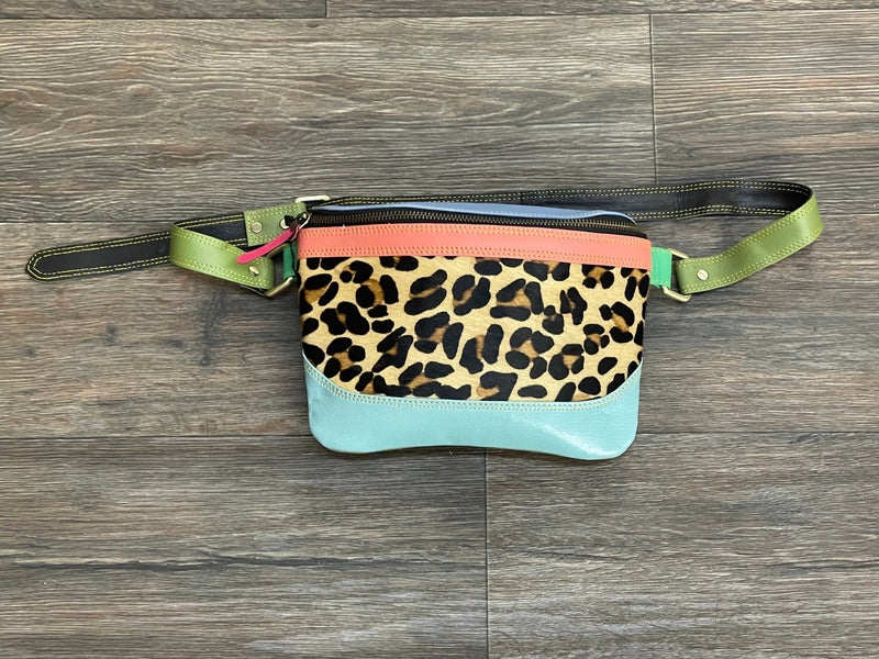 Romy Leather Fanny Pack - Blue Multi Leopard Print Folklore Couture Handbags