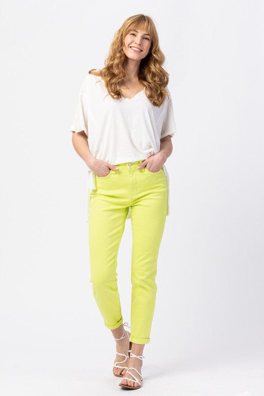 Neon Lime Green High Waist Cuffed Slim Fit Jeans Judy Blue Pants