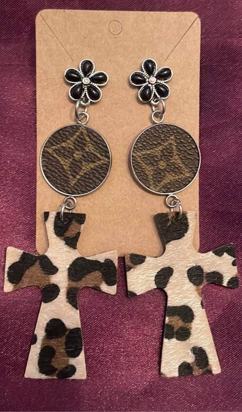 LV Black Floral Leopard Cross Earrings Sage & Savvy Earrings