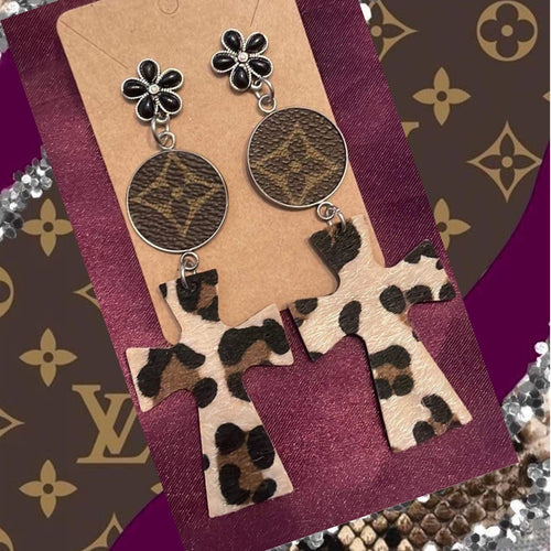 LV Black Floral Leopard Cross Earrings Sage & Savvy Earrings