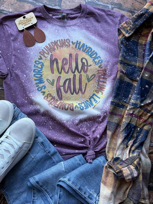 Hello Fall Plum Bleached Tee Southern Swank Shirts & Tops