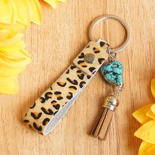 Animal Print Tassel Gem Stone Charm Key Chain vendor-unknown Leopard Keychains