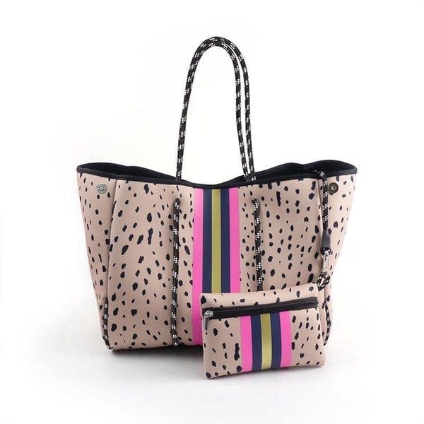 Beige Spotted Neoprene Tote Bag with Stripes vendor-unknown
