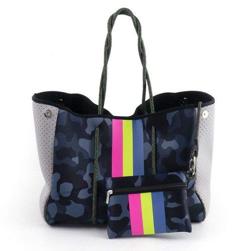 Blue Camo Pink/Yellow/Blue Stripe Neoprene Tote Bag vendor-unknown Tote Bag