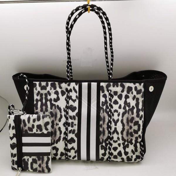 Grey/Black Leopard Neoprene Tote with Silver Stripe vendor-unknown Tote Bag