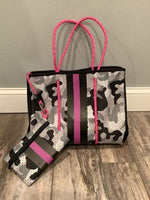 Grey Camo Pink Stripe Neoprene Tote Bag vendor-unknown Handbag