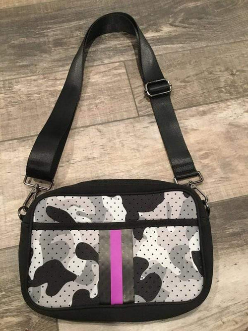 Grey Camo Purple Stripe Neoprene Crossbody Bag vendor-unknown Handbag