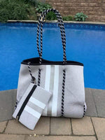 Grey with Silver & White Stripe Neoprene Tote vendor-unknown Tote Bag