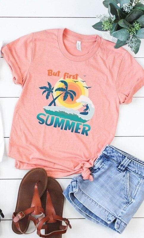 Heather Sunset But First Summer Graphic Tee vendor-unknown Small