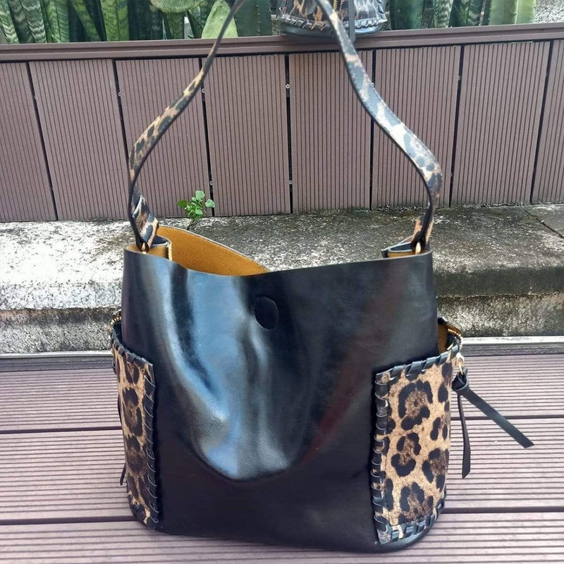 Leopard Print Side Pocket Hobo Bag vendor-unknown Black Handbag & Wallet Accessories