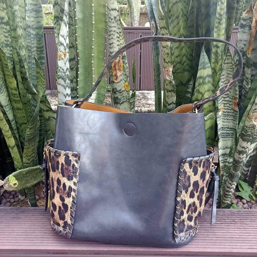 Leopard Print Side Pocket Hobo Bag vendor-unknown Charcoal Handbag & Wallet Accessories