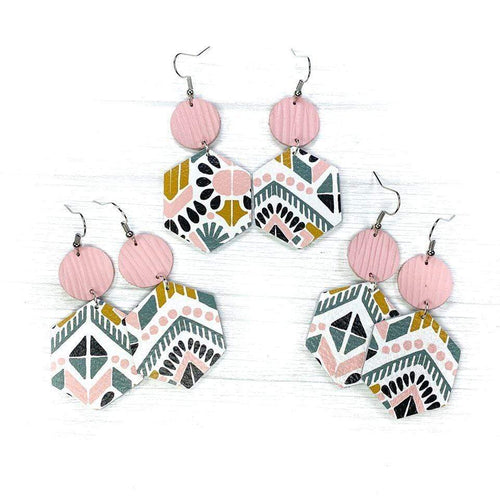 Soft Pink Aztec Hexagon Earrings vendor-unknown
