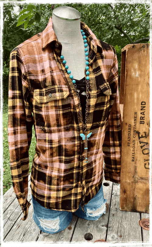 Mustard Bleached Flannel Whiskey Wrangler Shirts & Tops