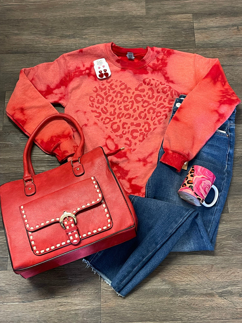 Red Leopard Heart Bleached Sweatshirt Whiskey Wrangler Shirts & Tops